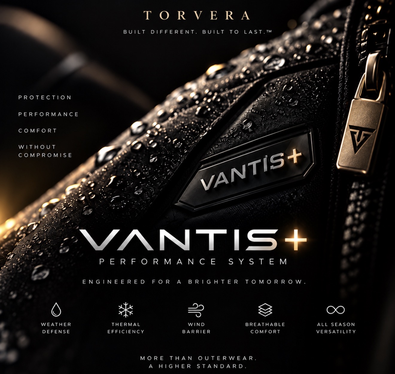 Water-beaded black Torvera garment with a VANTIS+ performance system patch